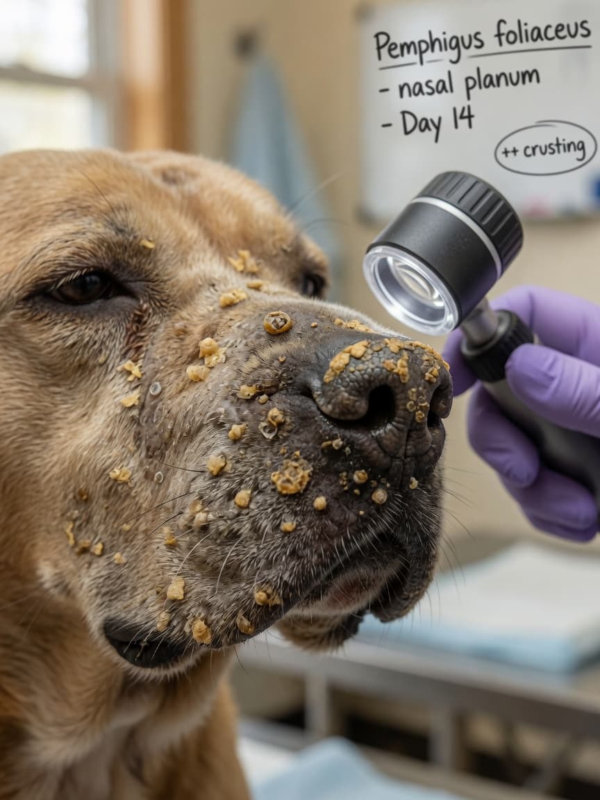 Close-up of pemphigus foliaceus skin lesions on a dog's muzzle showing crusts and erosions being examined by a veterinarian's gloved hand with dermatoscope