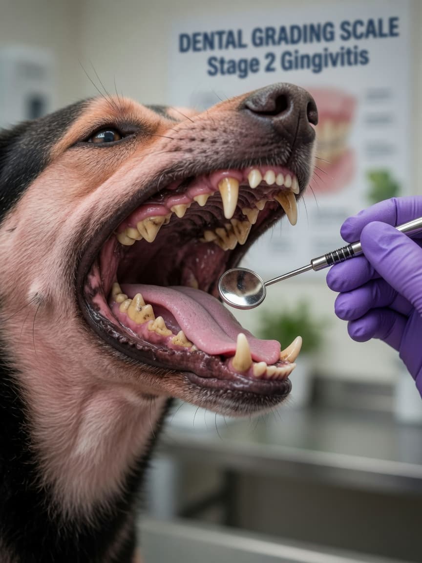 Close-up of a dog's mouth during veterinary dental examination showing tartar buildup and gum inflammation