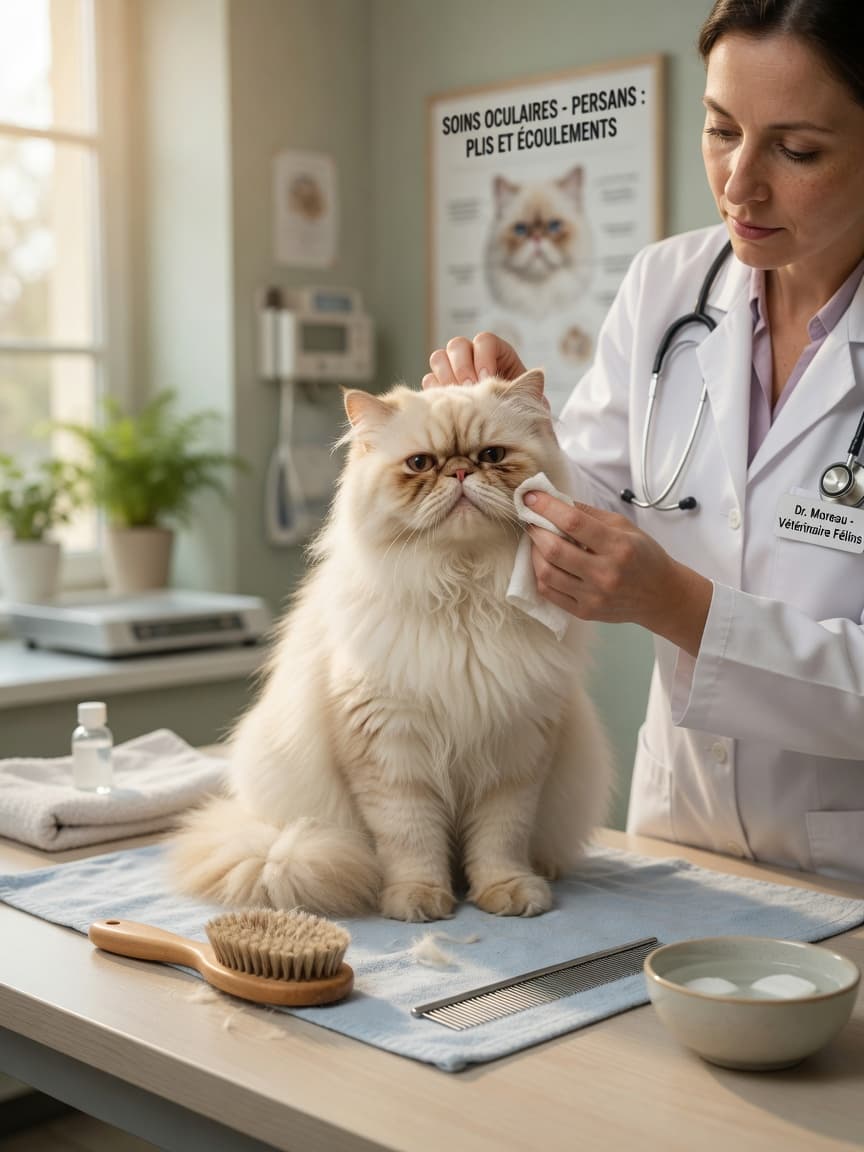 Persian cat undergoing facial care examination by veterinarian to address tear staining and facial fold hygiene