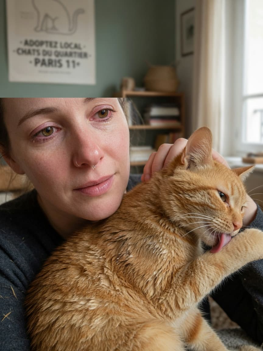 Person petting an orange tabby cat indoors, showing subtle signs of allergic reaction with watery eyes