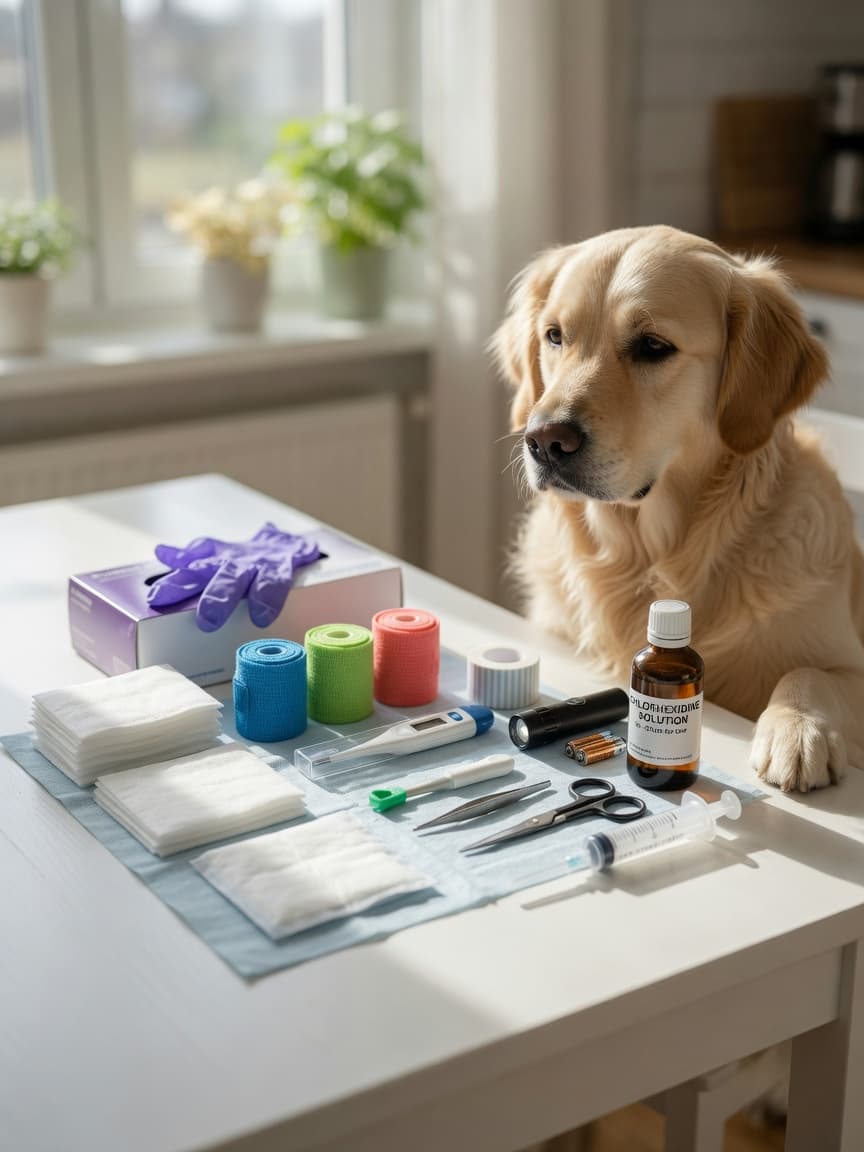 Pet first aid kit displayed on a table with gauze, bandages, thermometer, scissors, torch, and other essential supplies, with a golden retriever sitting nearby