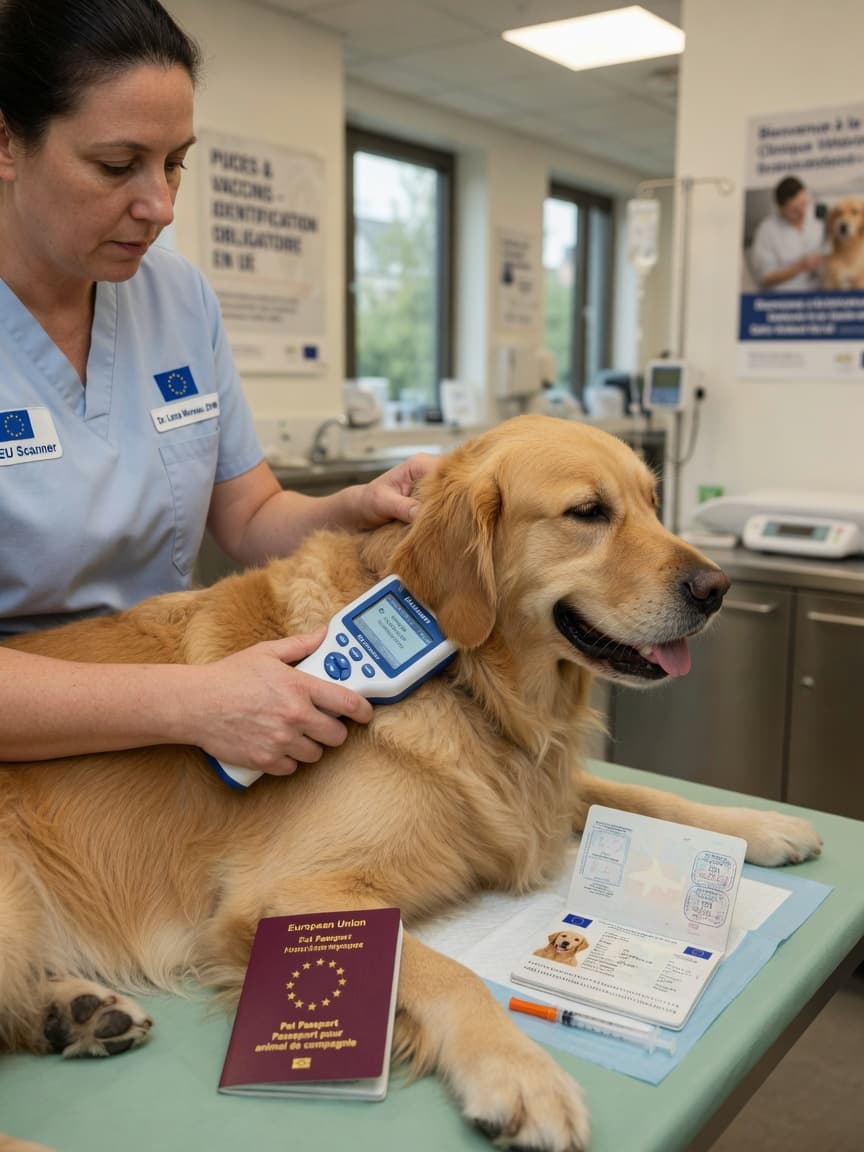 Veterinarian scanning a microchip on a dog's neck with a handheld reader during an EU pet travel preparation examination