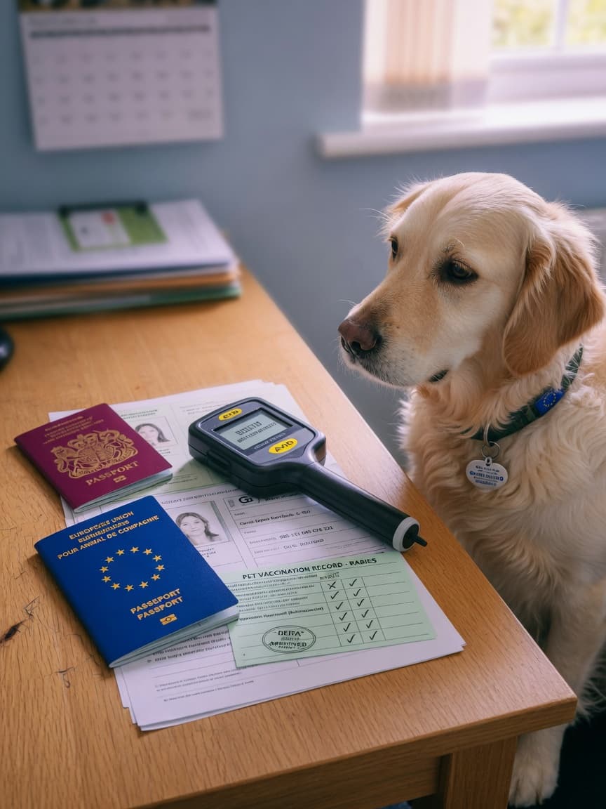 UK and EU pet passports on a desk with a microchip scanner and vaccination records next to a golden retriever
