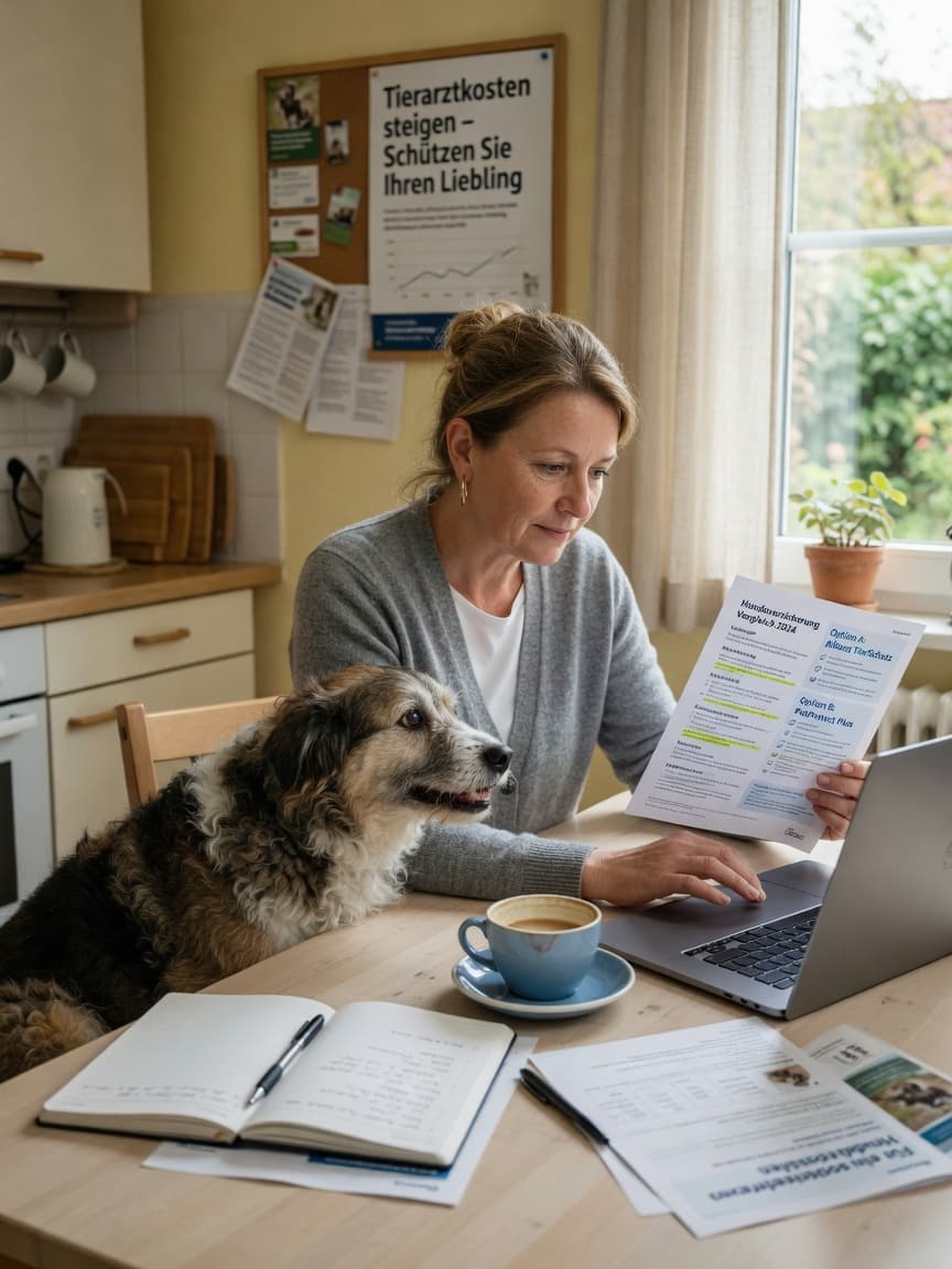 Pet owner reviewing insurance options at home with a dog beside them