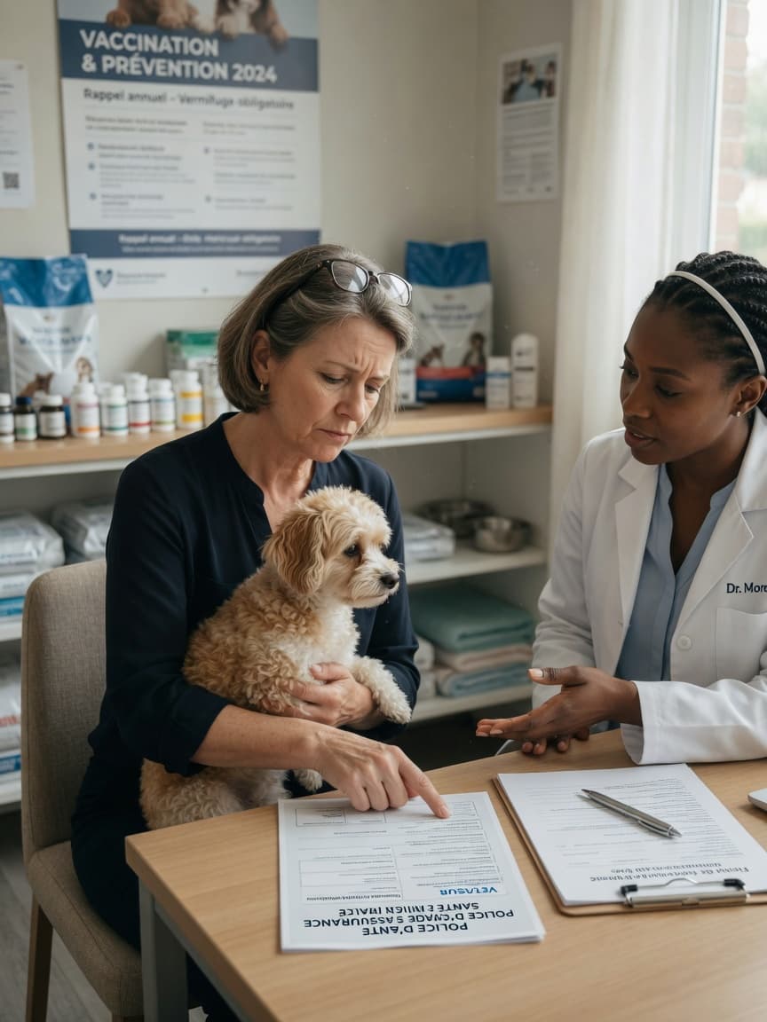 Woman reviewing pet insurance policy with veterinarian in clinic, holding small dog