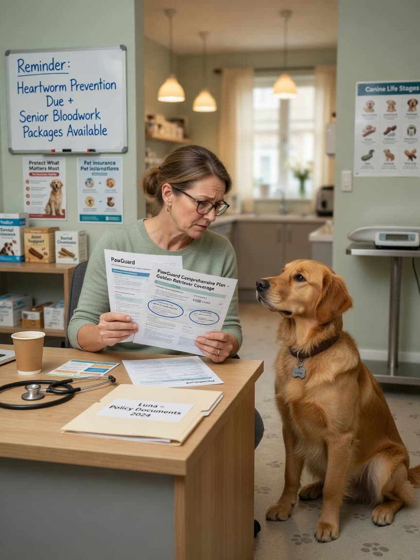 Woman reviewing pet insurance documents with her golden retriever at a veterinary clinic desk