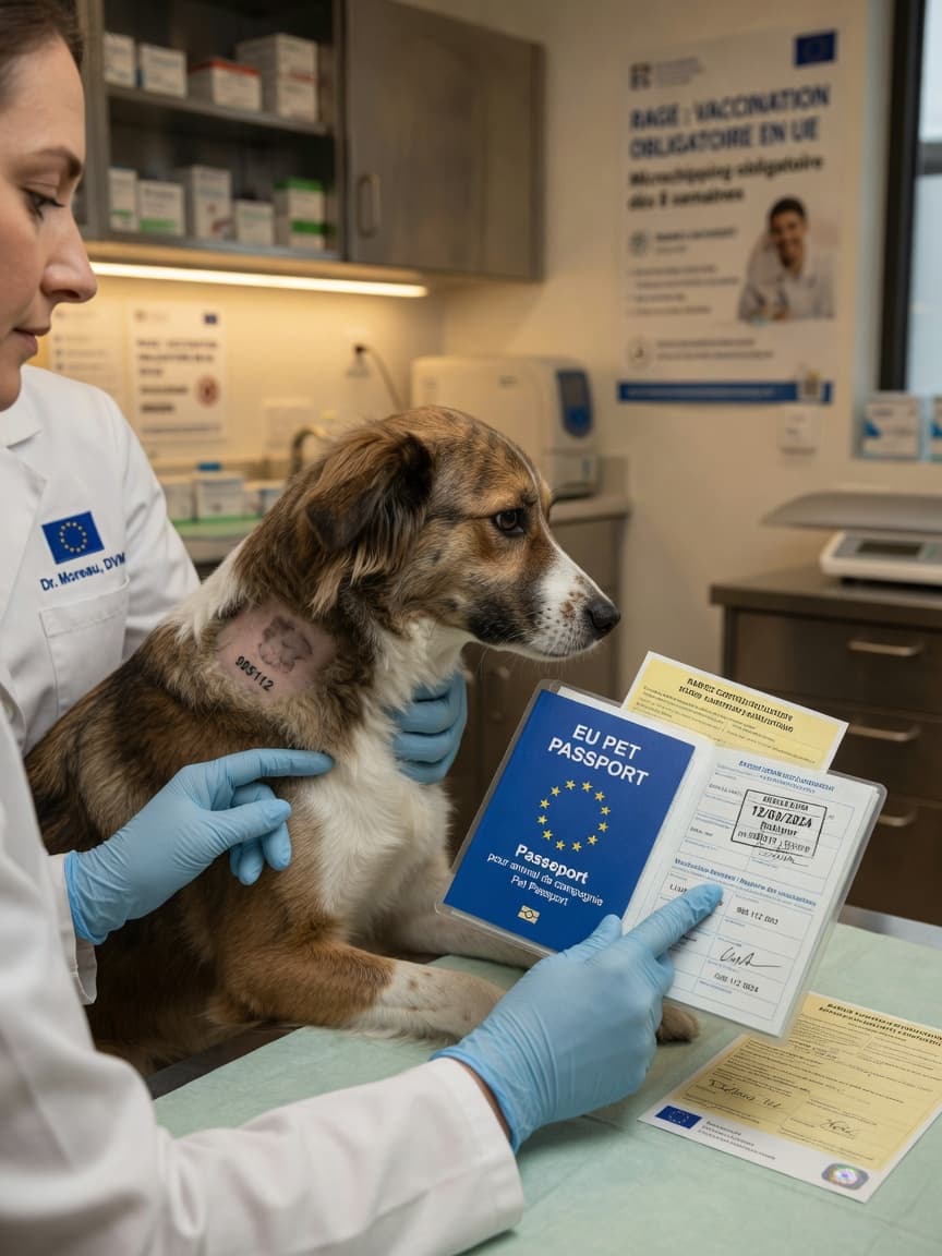 Veterinarian reviewing EU Pet Passport with microchipped dog during travel documentation appointment