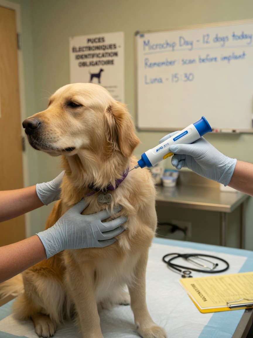 Veterinarian microchipping a dog's neck during a clinic appointment