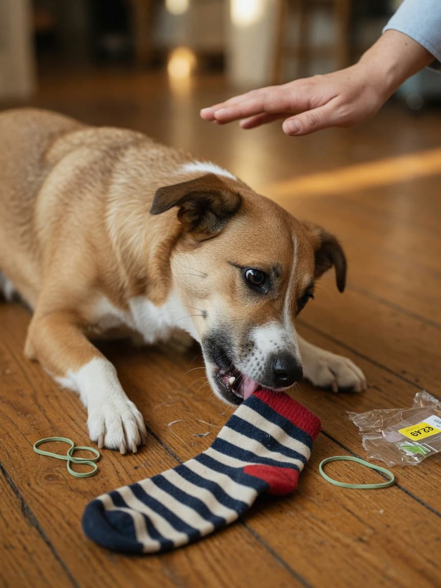 Dog about to eat a sock with other non-food items nearby on a floor