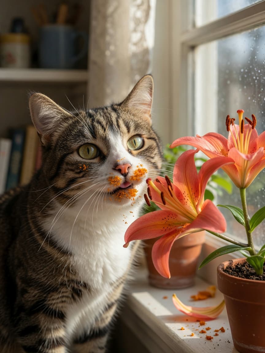 A tabby cat with lily pollen on its face sniffing at a potted lily plant on a sunny windowsill