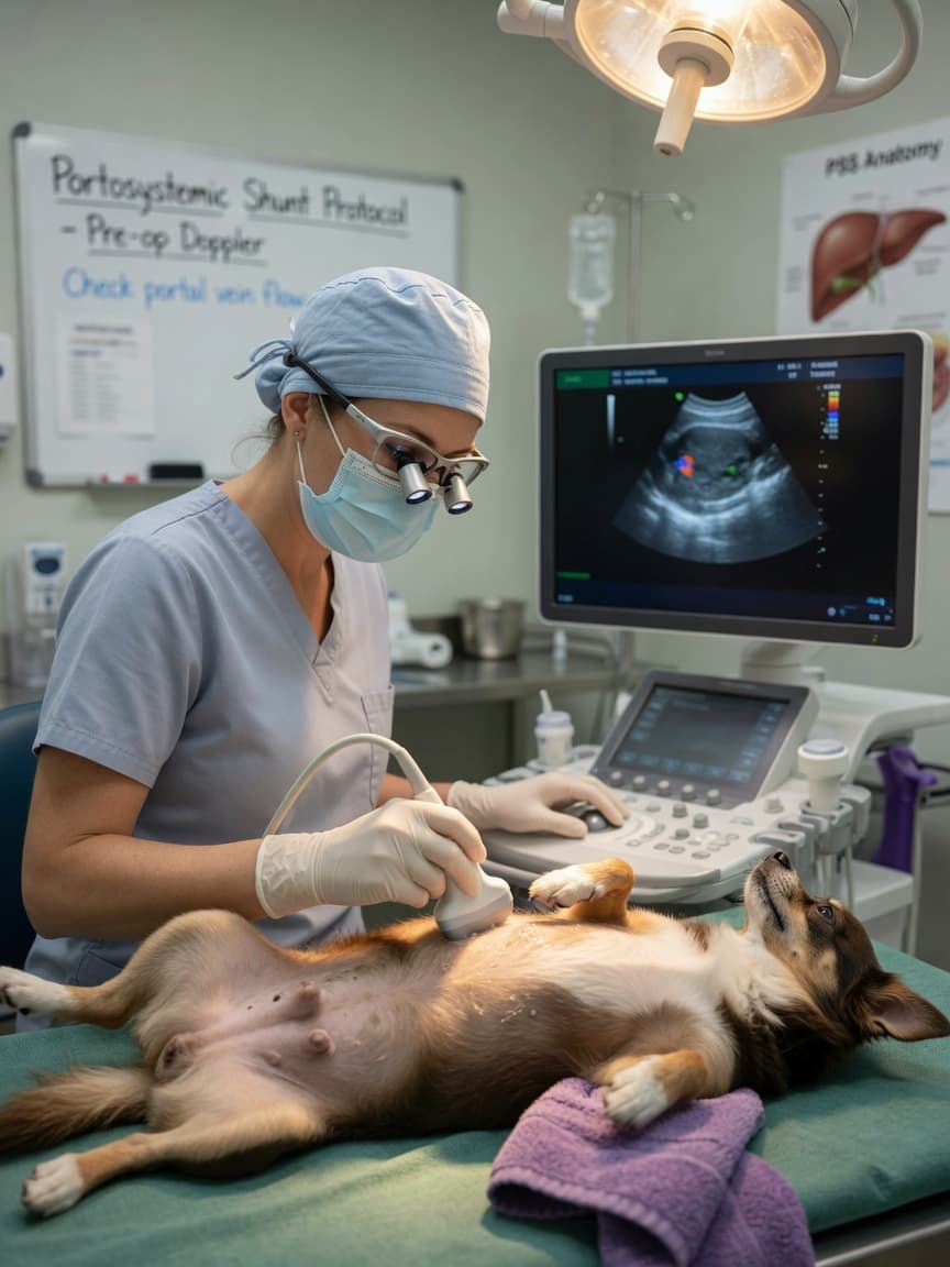 Veterinary surgeon performing ultrasound diagnostic examination on a dog's abdomen to detect portosystemic shunt