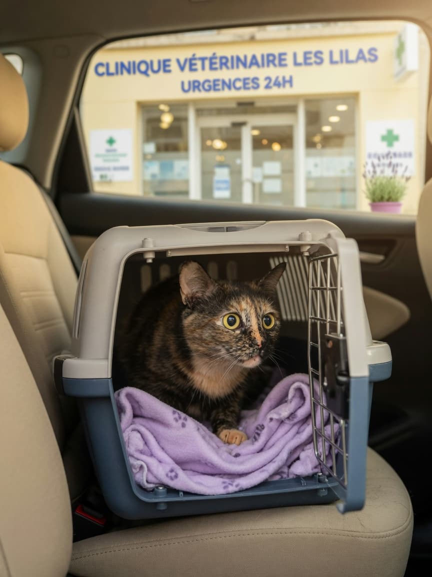 Anxious cat in a carrier on car seat before vet visit
