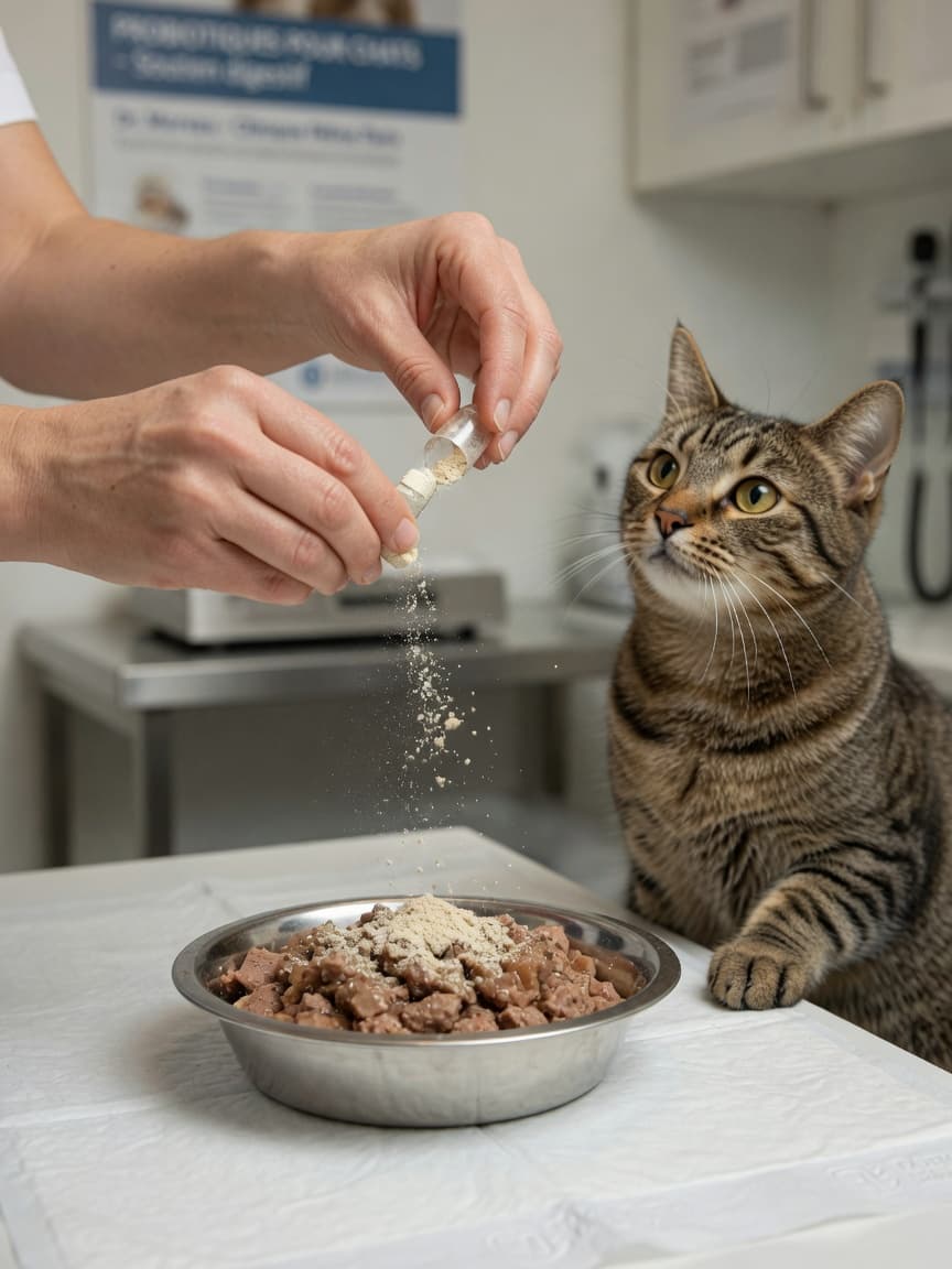Veterinarian sprinkling probiotic powder into wet cat food with an attentive tabby cat nearby