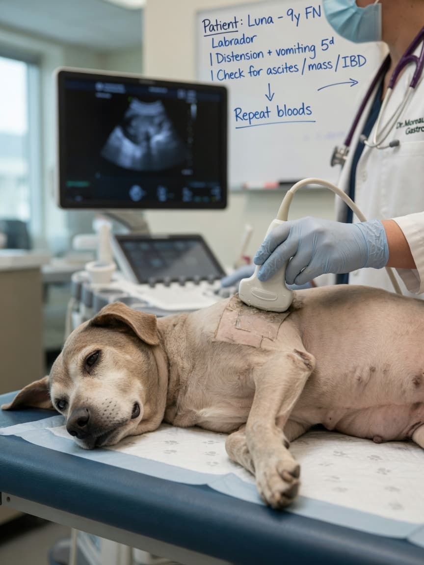 Veterinarian performing abdominal ultrasound on a gaunt dog with abdominal distension during PLE diagnosis examination