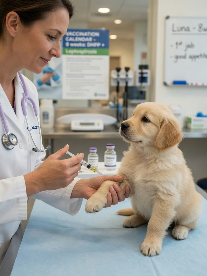 Veterinarian administering first vaccination injection to young puppy on examination table