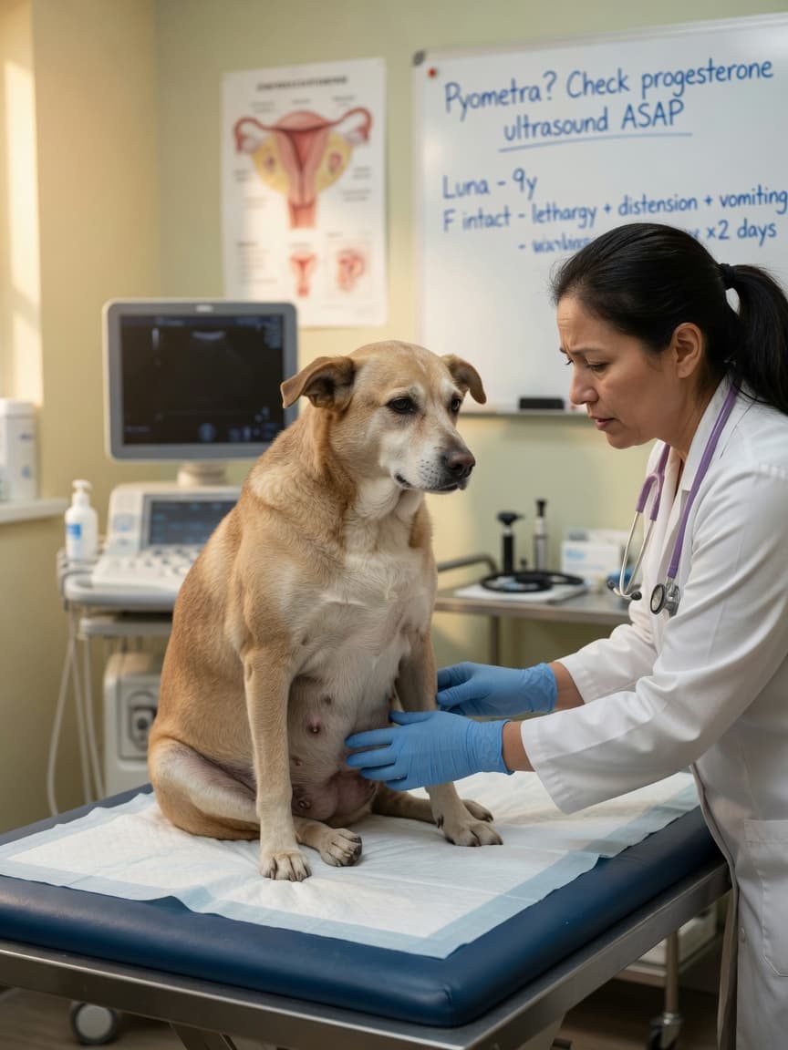 A middle-aged female dog on a vet exam table with distended abdomen being examined by a concerned veterinarian
