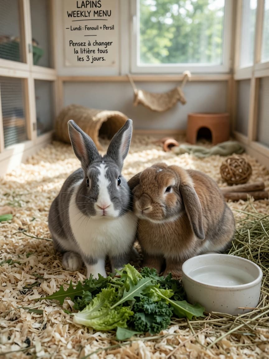 Two rabbits bonded together in a spacious indoor hutch with hay and greens