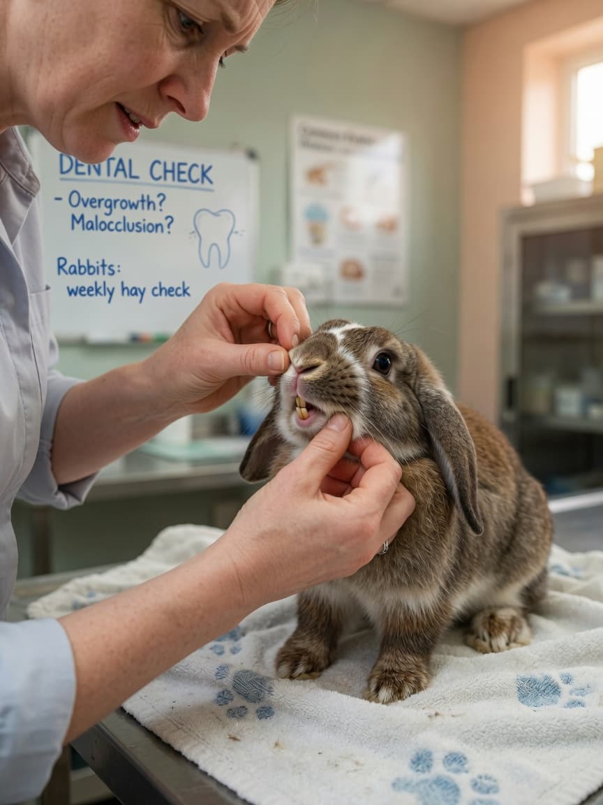 Rabbit owner examining a rabbit's face and teeth during a health check