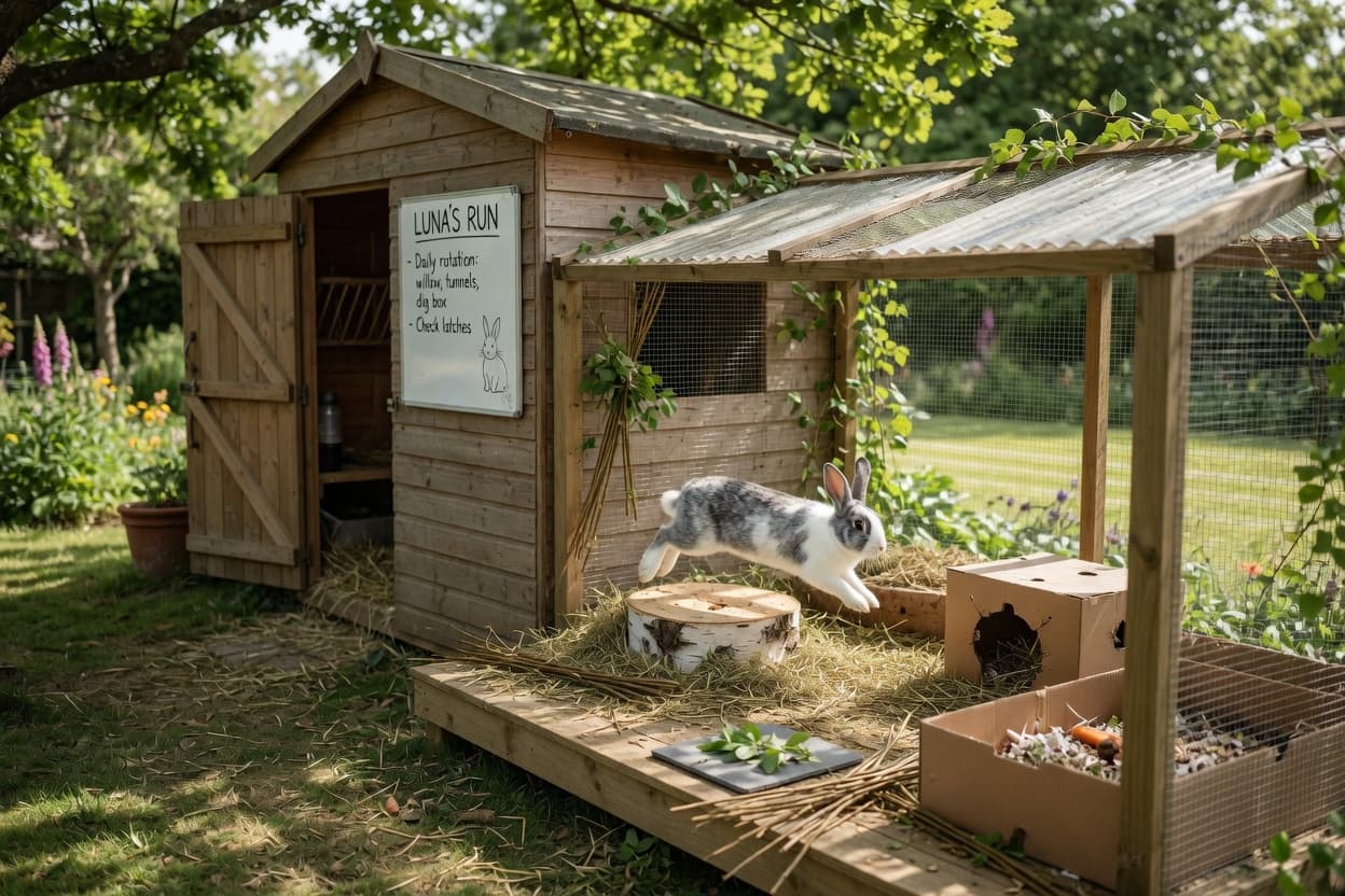 Spacious outdoor rabbit housing with shed and run, showing a grey and white rabbit leaping inside with enrichment items visible
