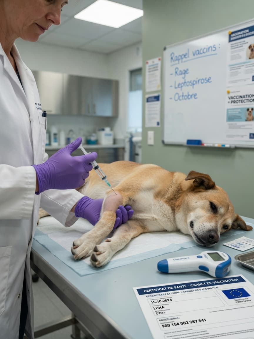 Veterinarian administering rabies vaccination to dog during travel health appointment