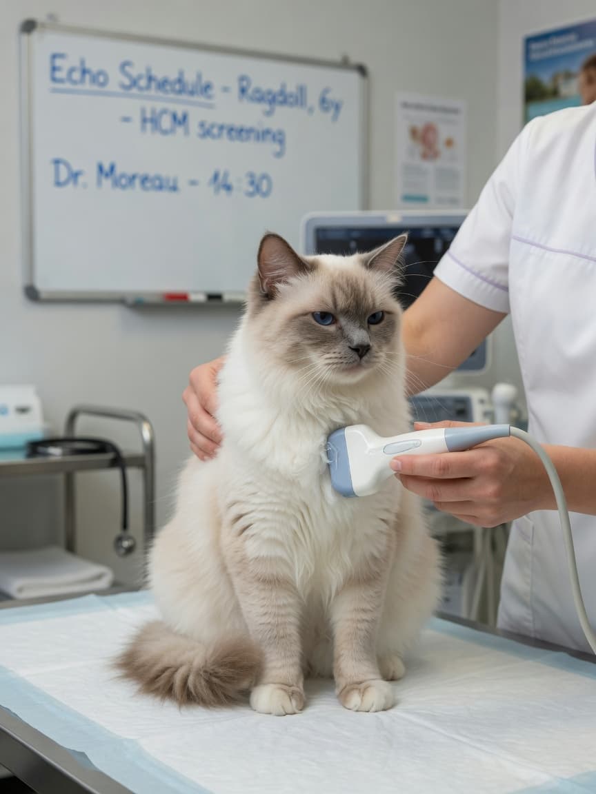 Ragdoll cat undergoing echocardiographic heart screening at veterinary clinic