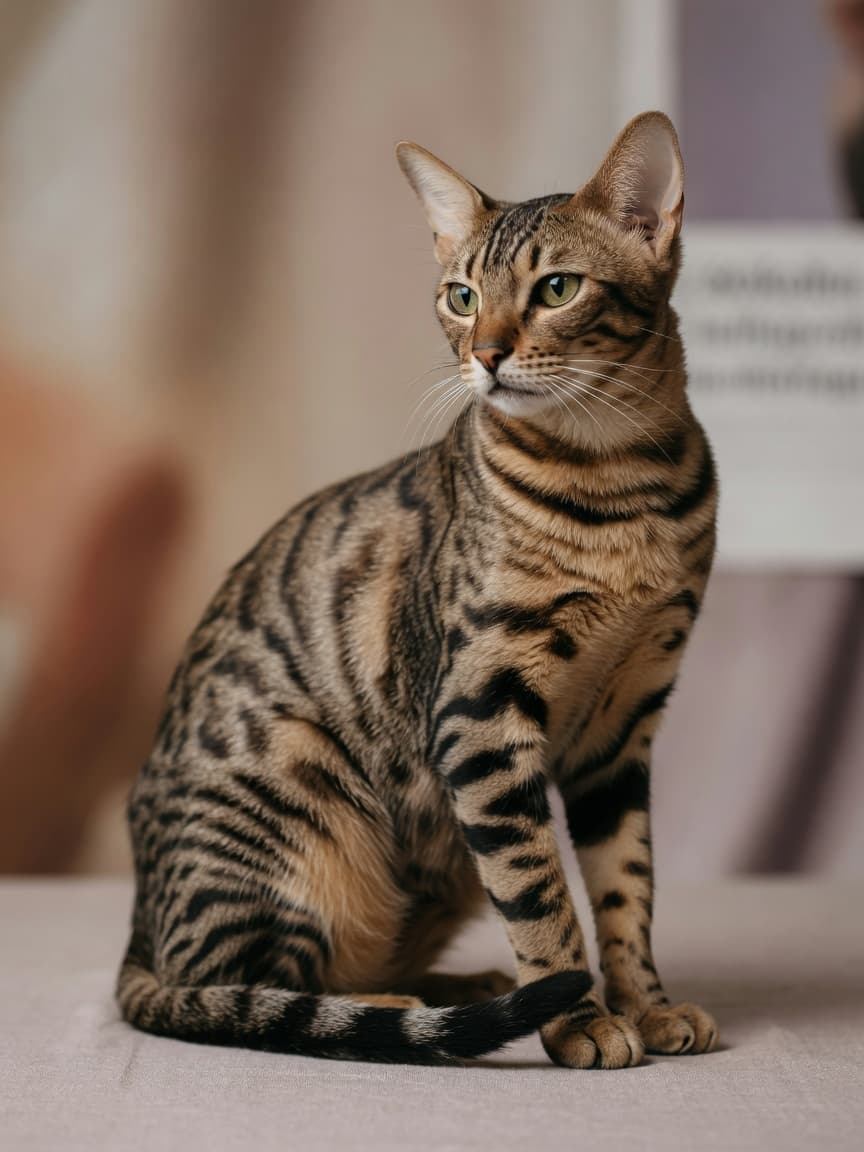 A rare Sokoke cat with distinctive tabby markings and long legs sitting in an alert pose