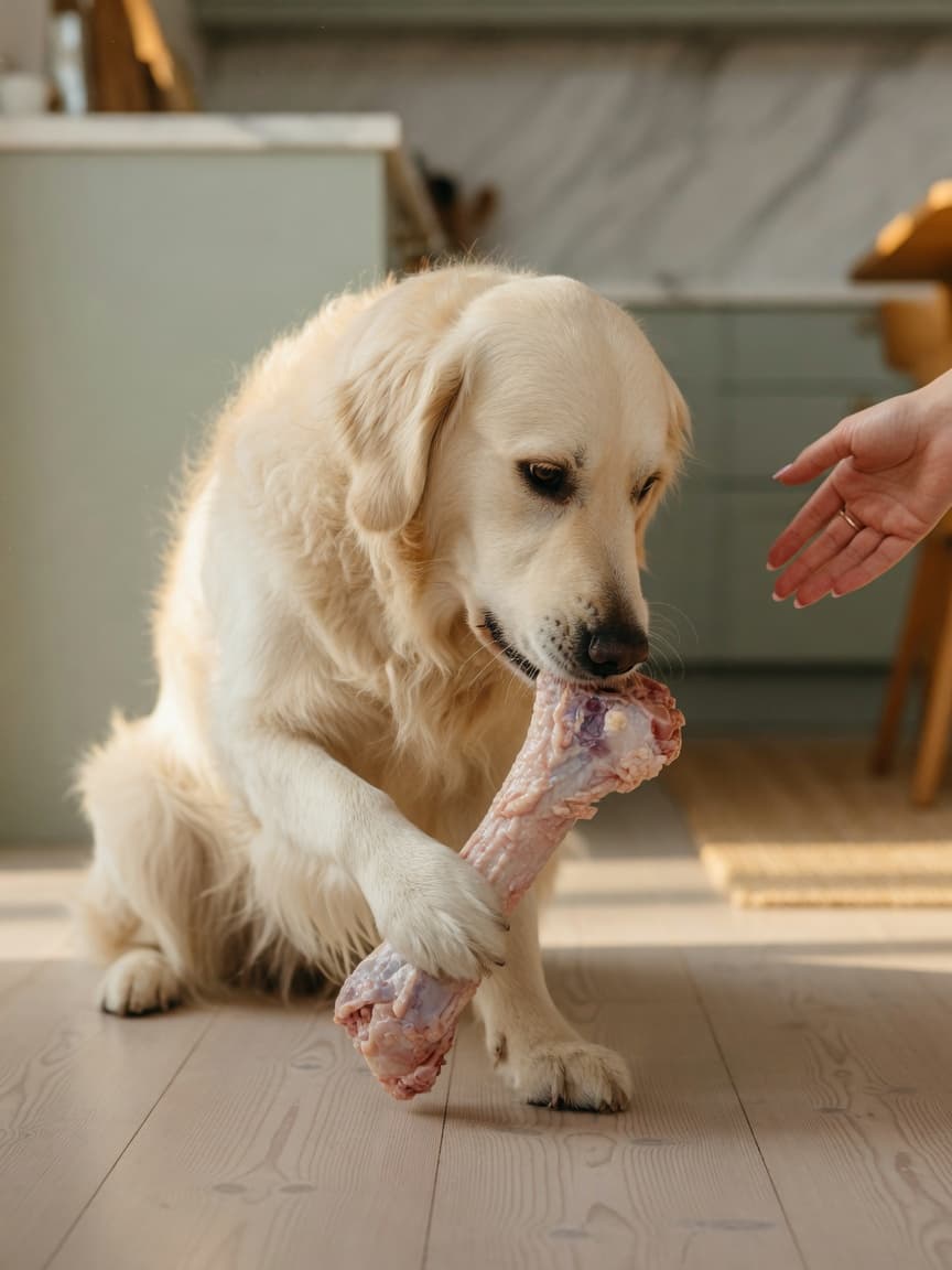 Golden Retriever chewing a raw bone under owner supervision in natural light