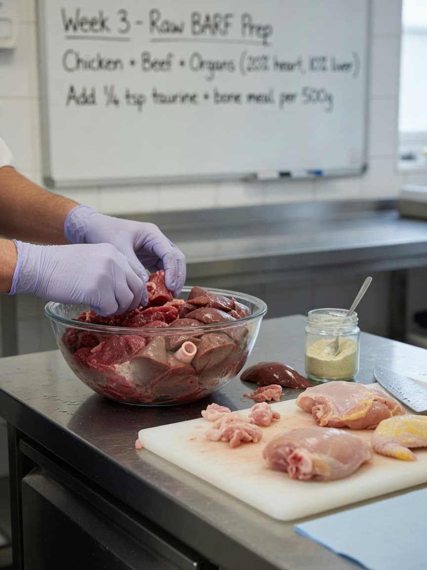 Raw cat food ingredients arranged on a kitchen counter with glass bowl of meat, organ pieces, and supplements in proper food handling setup