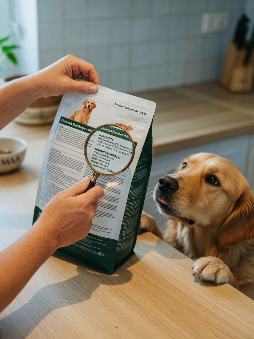 Dog owner reading the back of a dog food package with magnifying glass while golden retriever watches