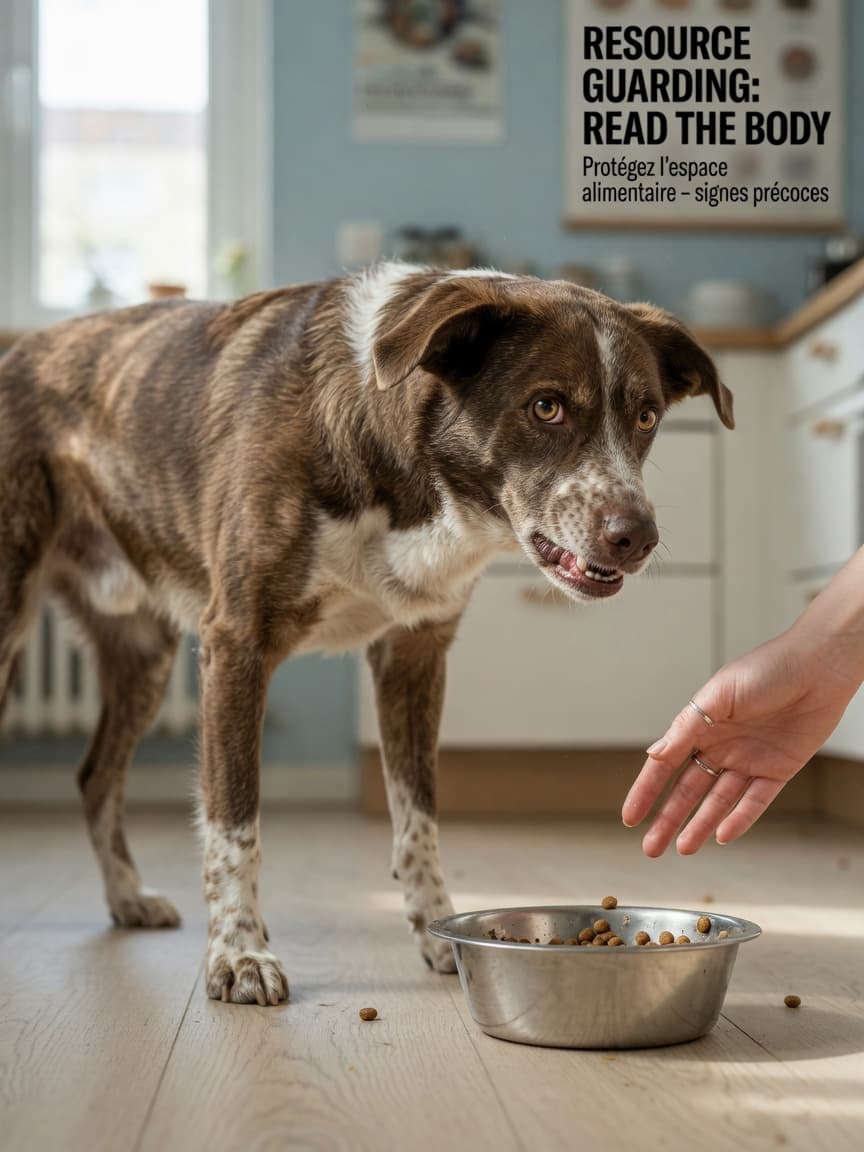 Dog showing resource guarding behavior over food bowl as handler's hand approaches