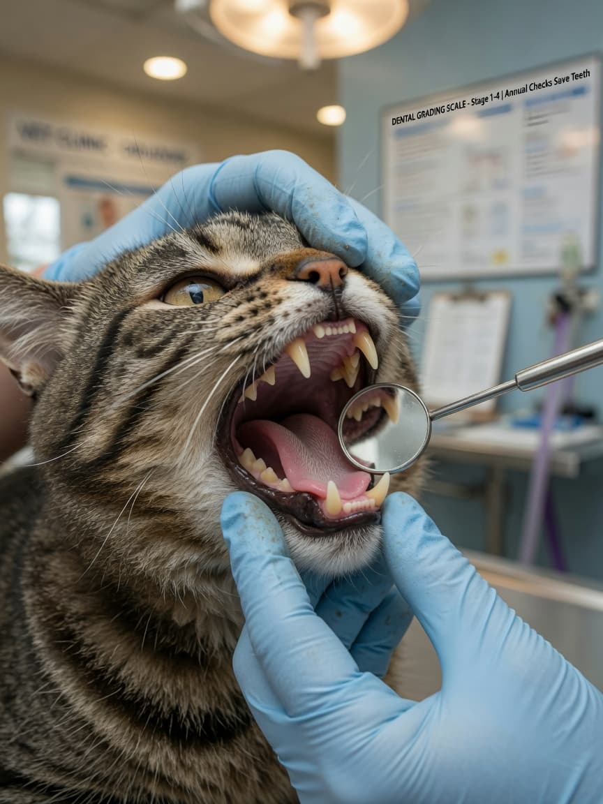 Veterinarian examining a senior tabby cat's teeth and gums during a dental check-up
