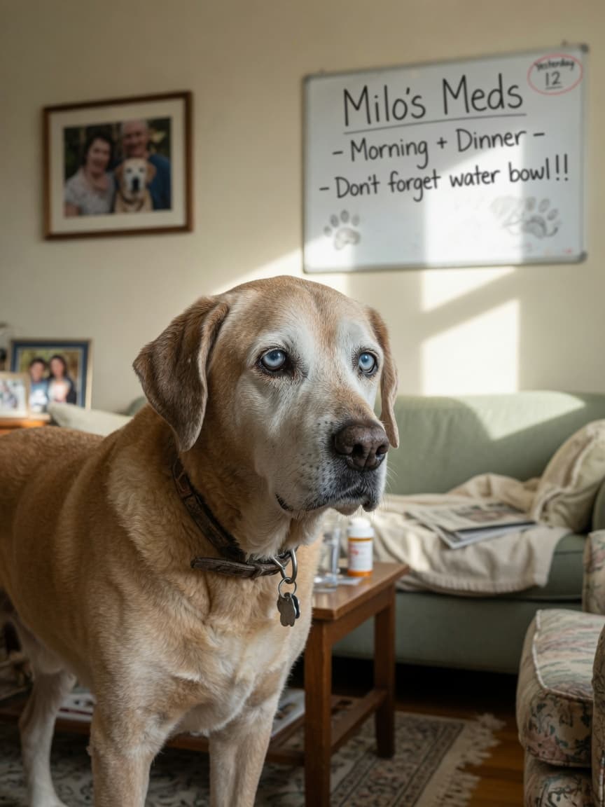 Senior dog with graying muzzle staring blankly at a wall, showing signs of cognitive dysfunction and disorientation