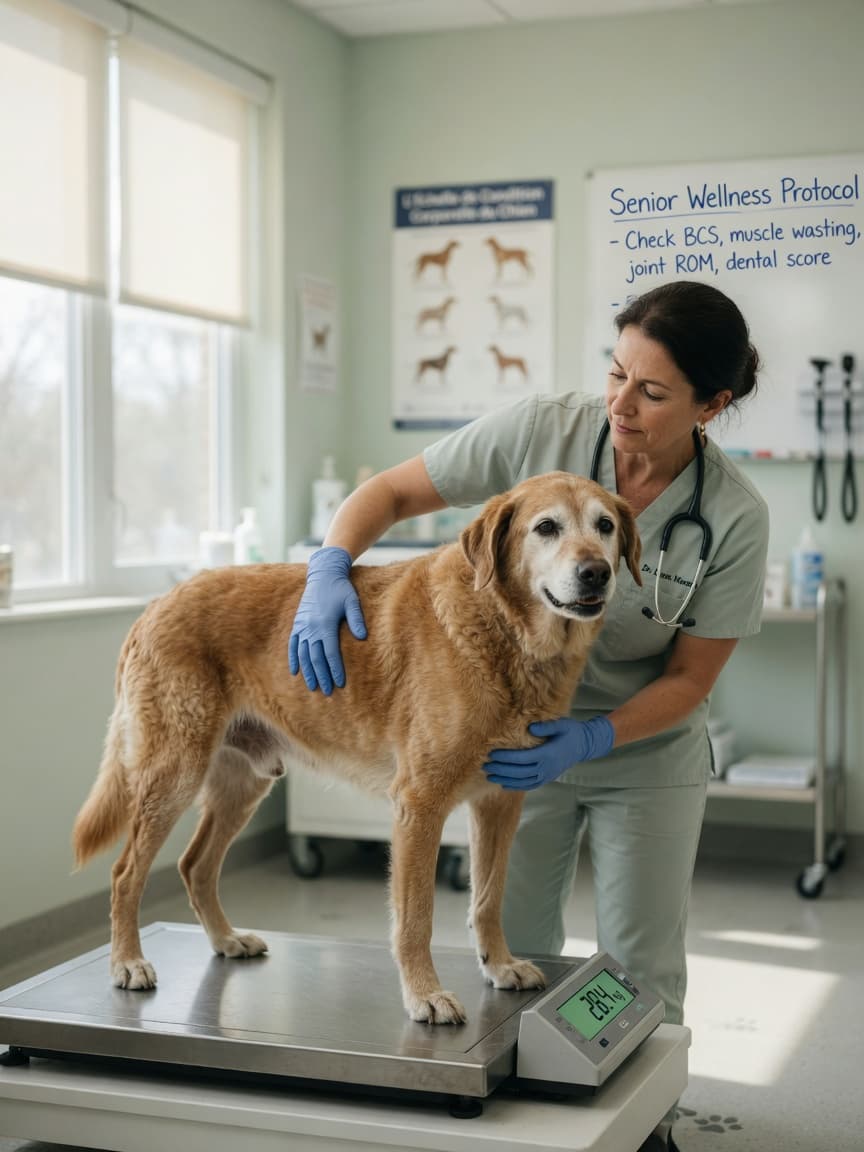 Elderly dog on veterinary scale being assessed by veterinarian checking muscle condition