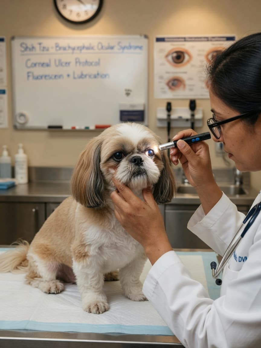 Veterinarian examining a Shih Tzu's prominent eye with a penlight during corneal ulcer assessment