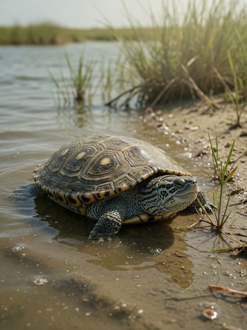 A diamondback terrapin in shallow brackish water with marsh grasses, showing its distinctive diamond-patterned shell and powerful jaws