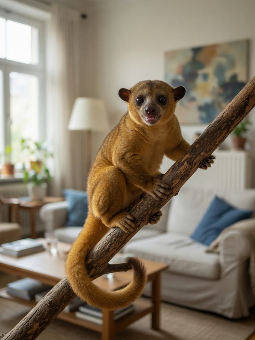 A golden kinkajou with a prehensile tail perched on a branch indoors, alert expression, with a blurred domestic living room in the background