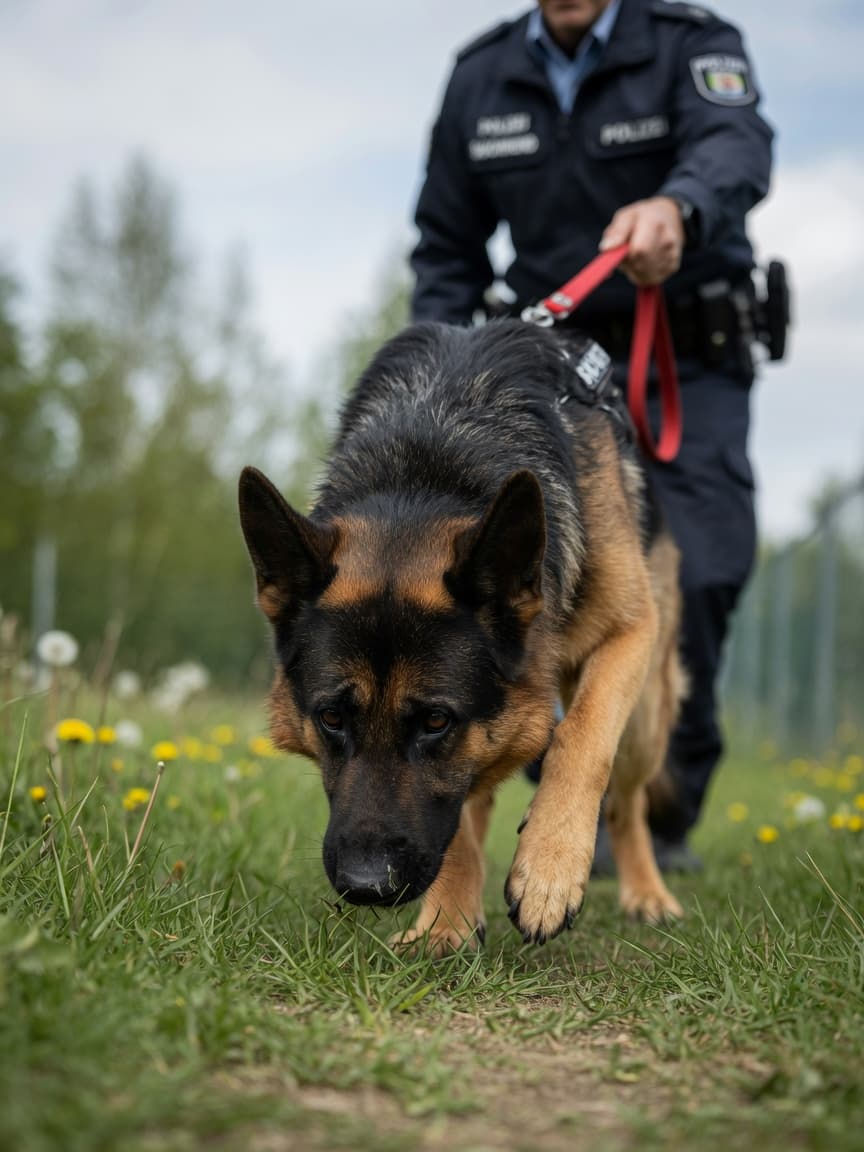 German Shepherd sniffer dog working intently, sniffing the ground during a detection task with handler nearby