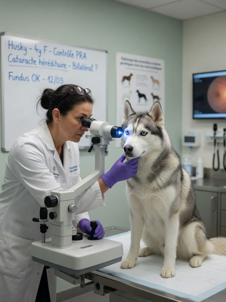 Veterinary ophthalmologist examining a Siberian Husky's eyes with a slit-lamp during a genetic eye screening examination