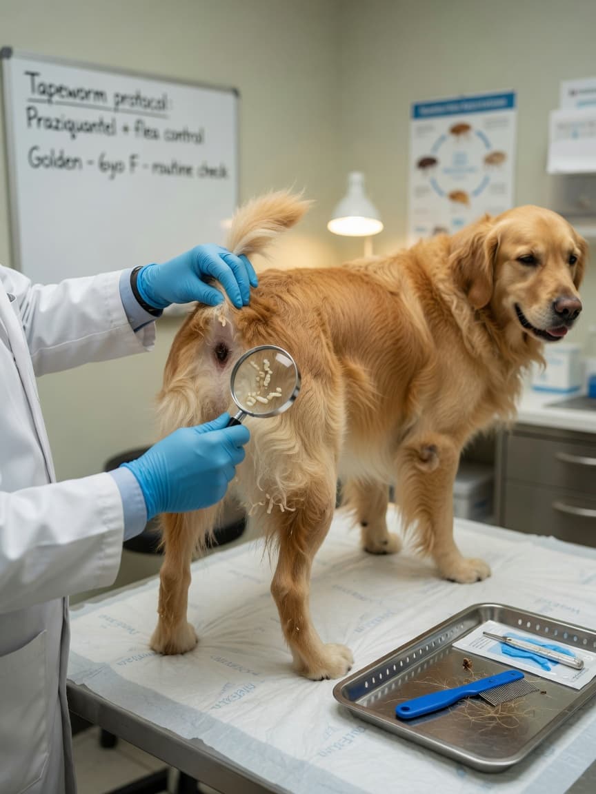 Veterinarian examining a golden retriever for tapeworm segments during a clinic consultation