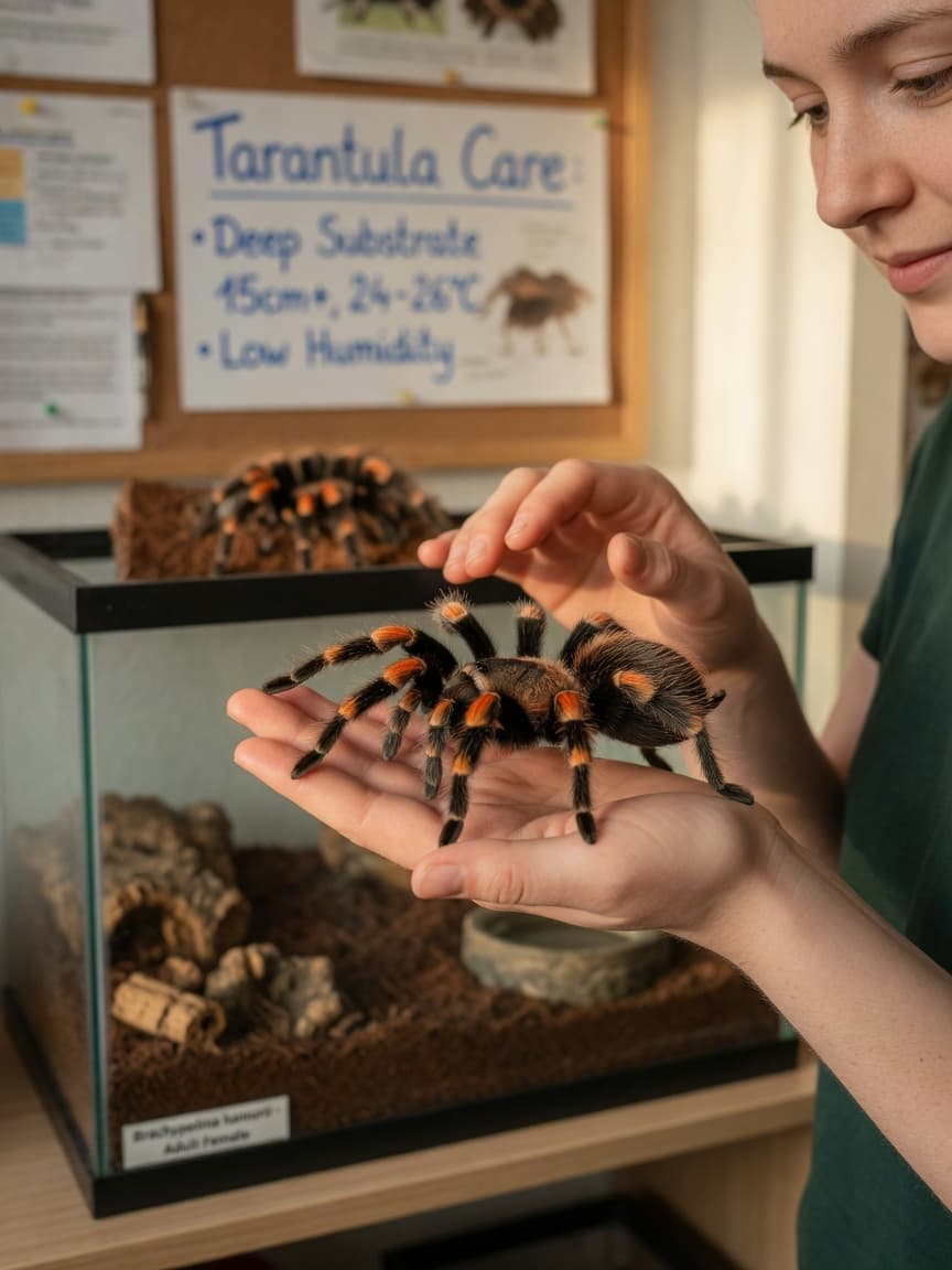 Beginner tarantula keeper safely handling a Mexican Red Knee tarantula on their palm with proper technique