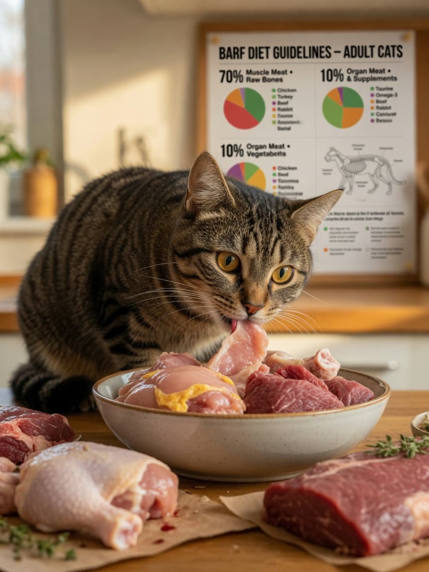 Healthy tabby cat eating raw meat, demonstrating proper taurine-rich diet
