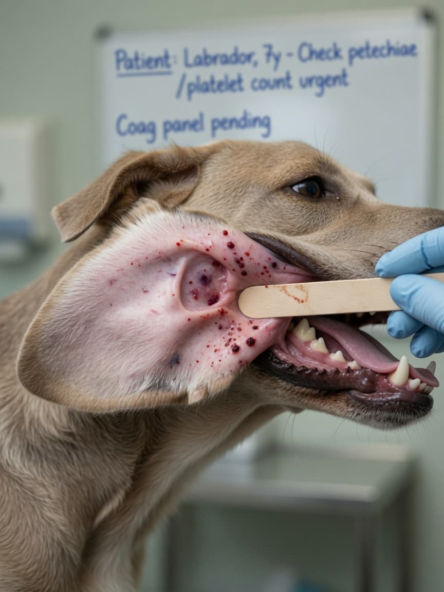 Close-up of a dog's gums and inner ear showing petechiae examination by a veterinarian