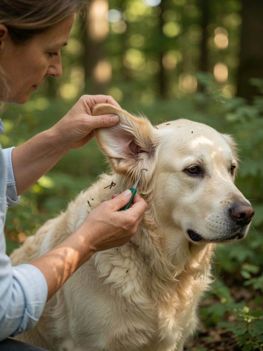 Dog owner using a tick hook to check a golden retriever's ear for ticks after a woodland walk