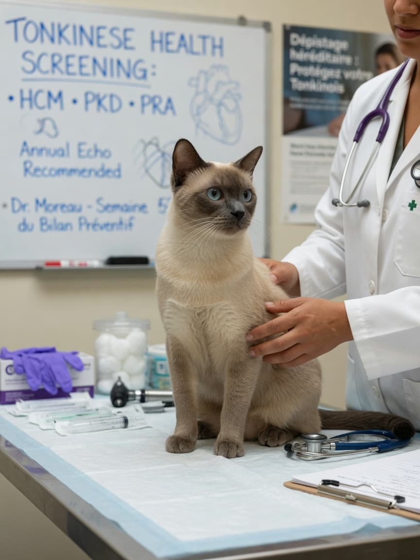 Tonkinese cat undergoing abdominal examination by veterinarian on examination table