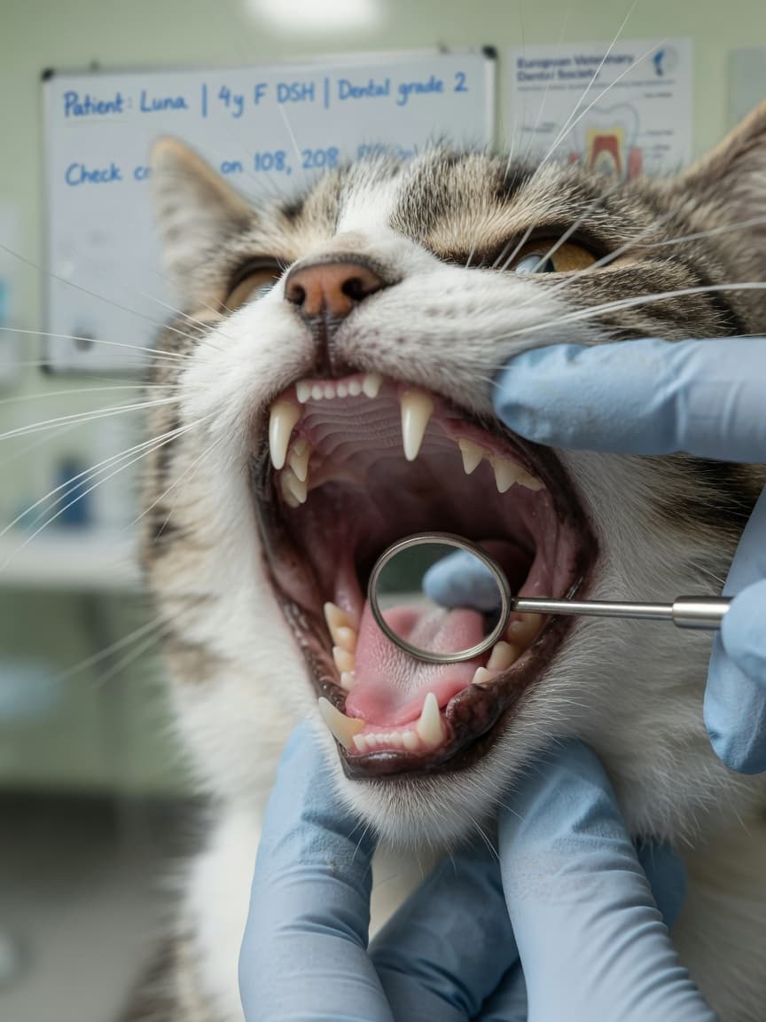 Close-up of a cat's open mouth during veterinary dental examination with a vet's gloved hand and mirror visible
