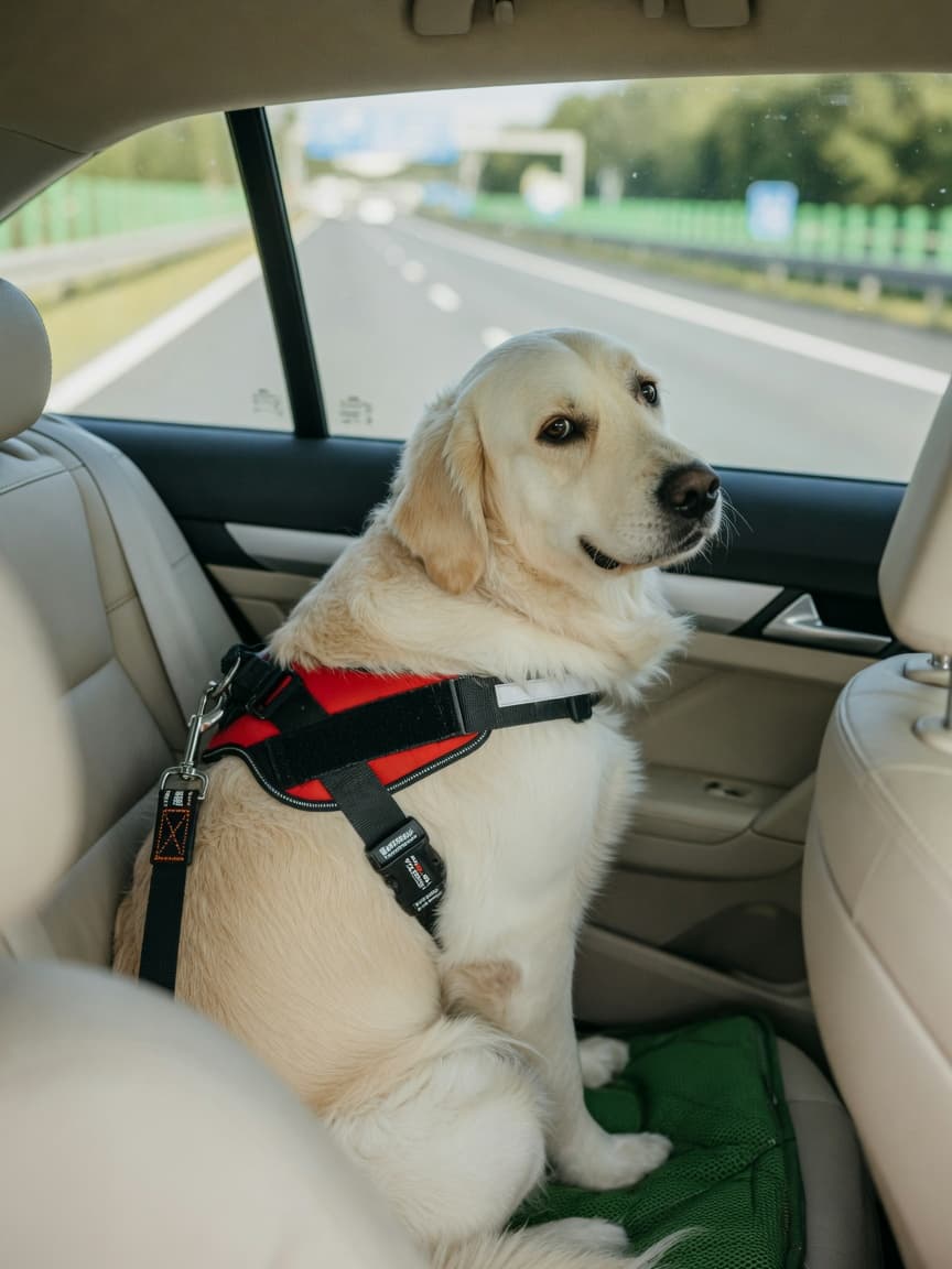 Golden retriever wearing a crash-tested harness in a car's back seat, looking calm and secure while traveling