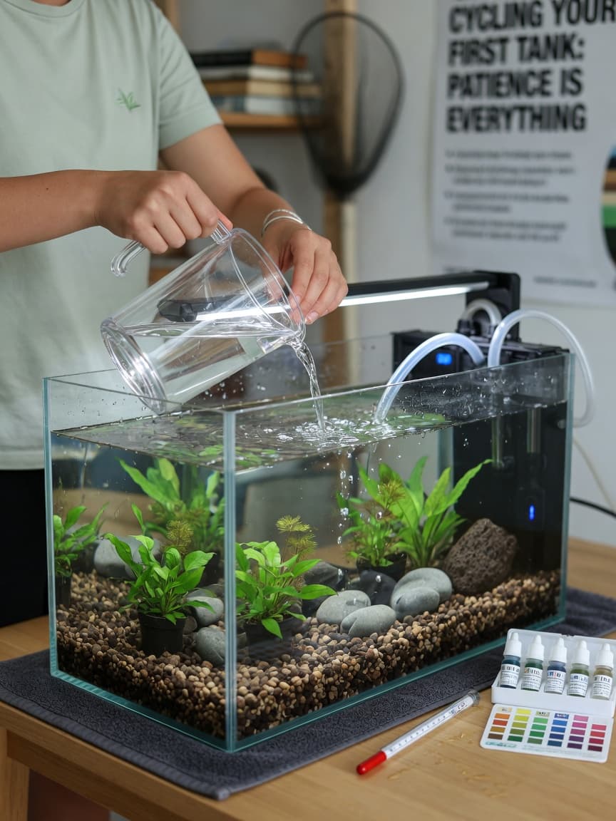 Beginner aquarium setup with hands pouring water into a clean tank with plants and rocks, thermometer and test kit nearby
