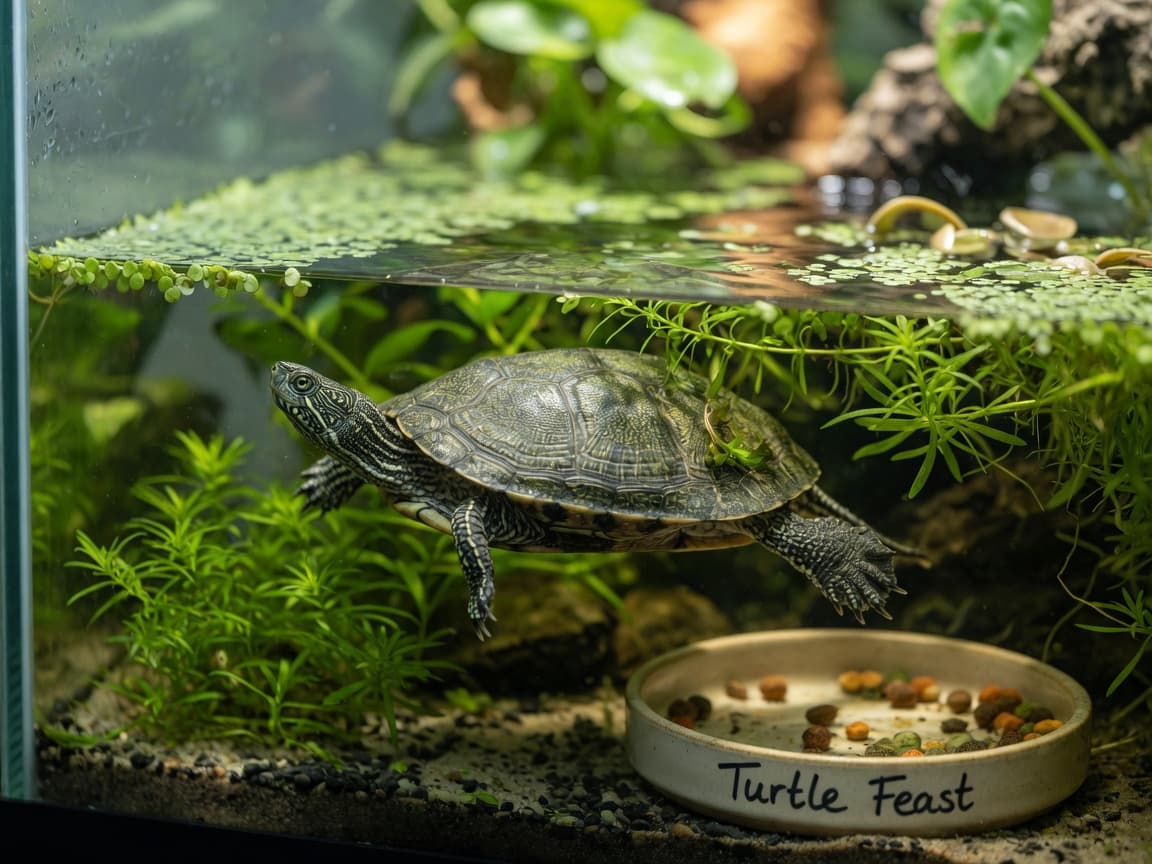 Aquatic turtle swimming in planted terrarium with clear water and turtle pellet dish