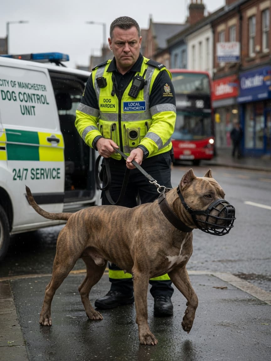 UK police officer in high-visibility uniform leading a muzzled Pit Bull Terrier type dog with muscular build and fawn coat toward official vehicle on wet urban street
