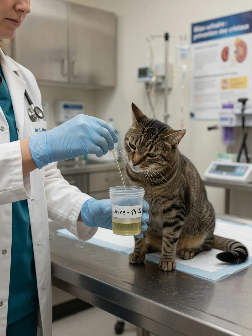 Veterinarian collecting urine sample from tabby cat into sterile collection cup on examination table